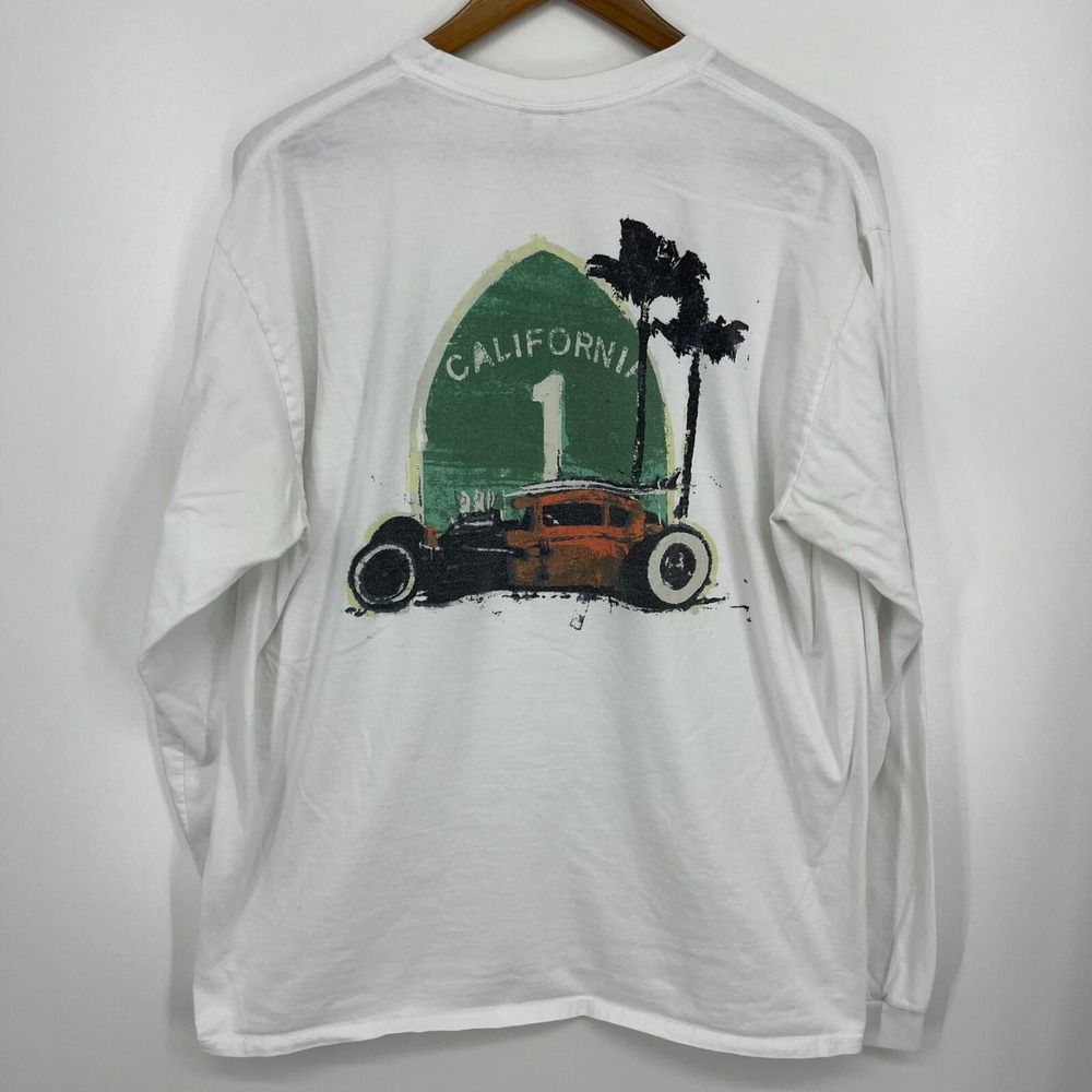 Crazy Shirts Mens White California Highway 1 Hot Rod Long Sleeve Graphic Tee L